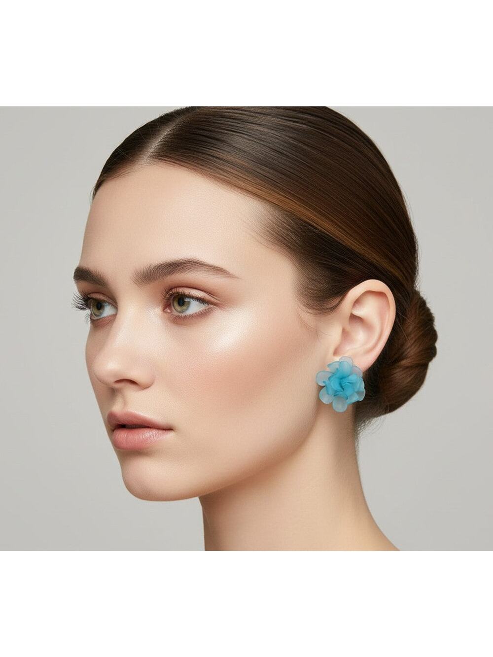 Classy clip on 1 1/4" gold and blue petal flower button style earrings